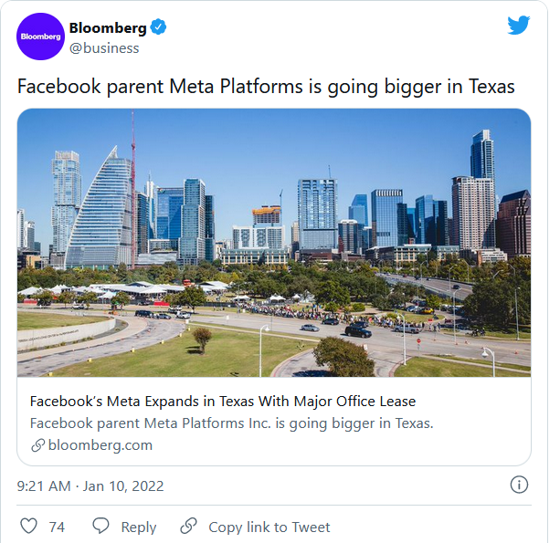 脸书Meta搬往得州 租30层楼 增聘400名员工