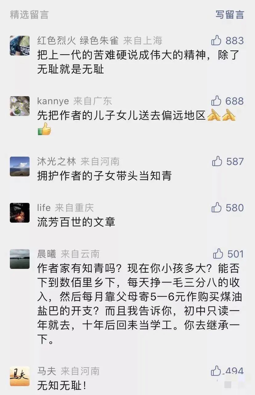 一篇长文，呼吁年轻人响应“知青精神”，网友评论