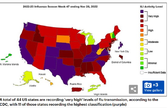 美国共有 44 个州流感传播水平“非常高”