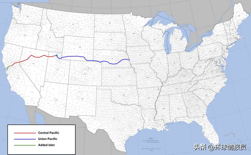 太平洋铁路（蓝红），终点为旧金山湾